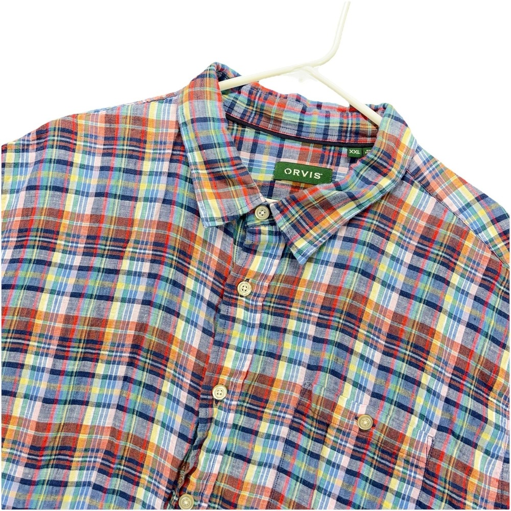 ORVIS Short Shirt Mens XXL 100% Linen Short Sleeves Button Up Multicolor Plaid